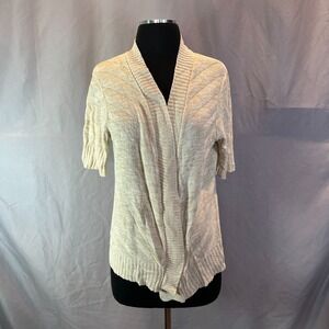 Vintage Two-one-two Cardigan Sweater Womens Medium Beige Open Front Ribbed Trim